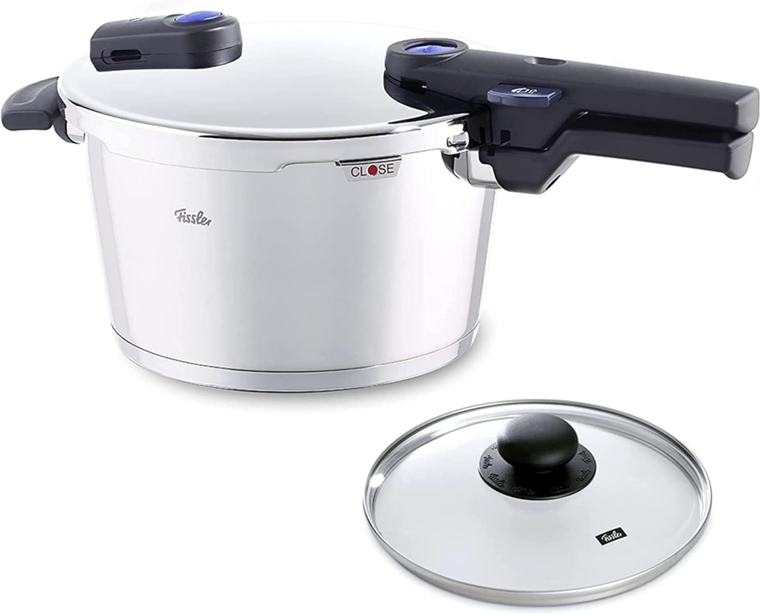 Fissler Vitaquick Premium/Pressure Cooker -Set, 3-Pcs. (10.2"/ 8.5 Quart) Stainless-Steel, with Glass-Lid. Made in Germany, 2 cooking levels – Induction