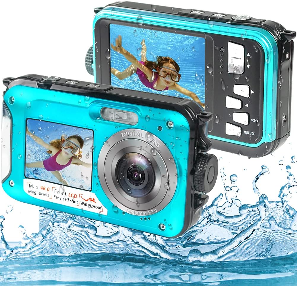 Underwater Camera, Waterproof Camera Full HD 2.7K 48MP Waterproof Camera Digital with Dual Screen, 16X Digital Zoom and Self-Timer Pack of 2