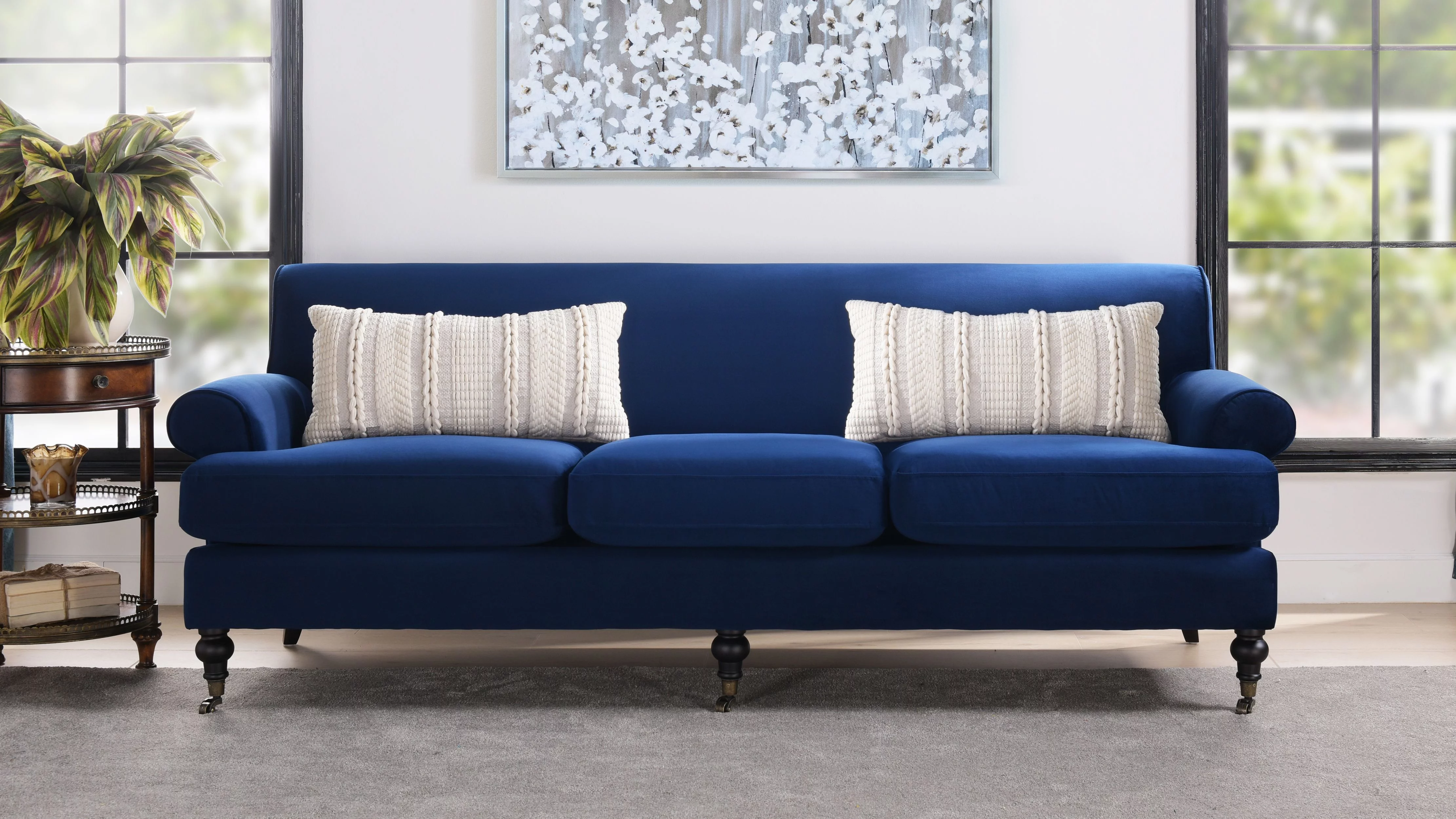 Jennifer Taylor Home Alana Lawson Recessed Arm Sofa Metal Casters, Navy Blue