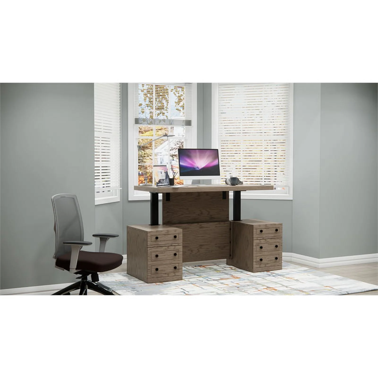 RoomAndLoft Wood Adjustable Height Sit-Stand Storage Desk with Drawers in Gray