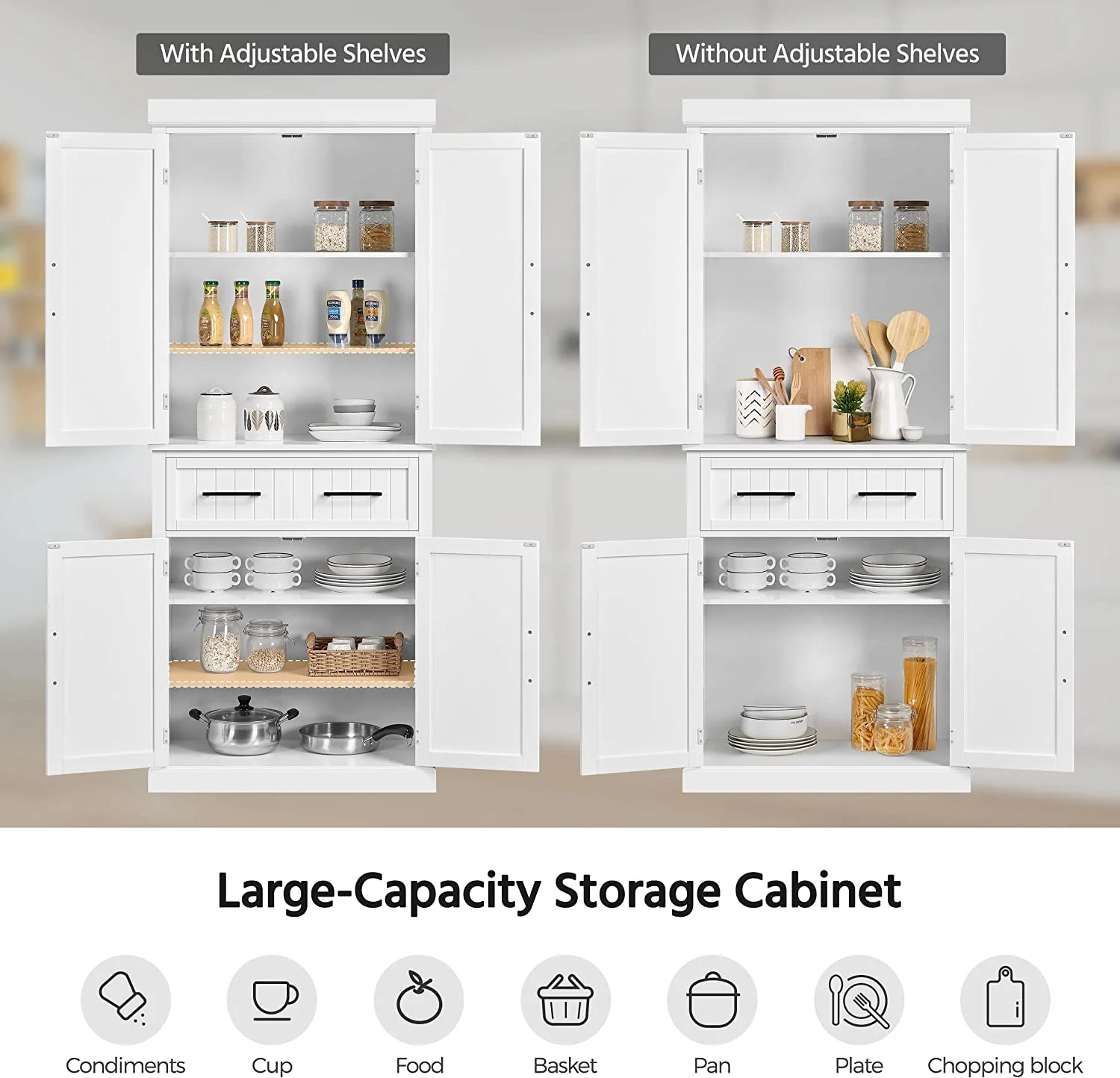 72.5" Kitchen Pantry Storage Cabinet with Drawer, Freestanding Pantry Cupboard with Doors and 2 Adjustable Shelves, Modern Utility Pantry Cabinet for Dinning Room, Living Room, White