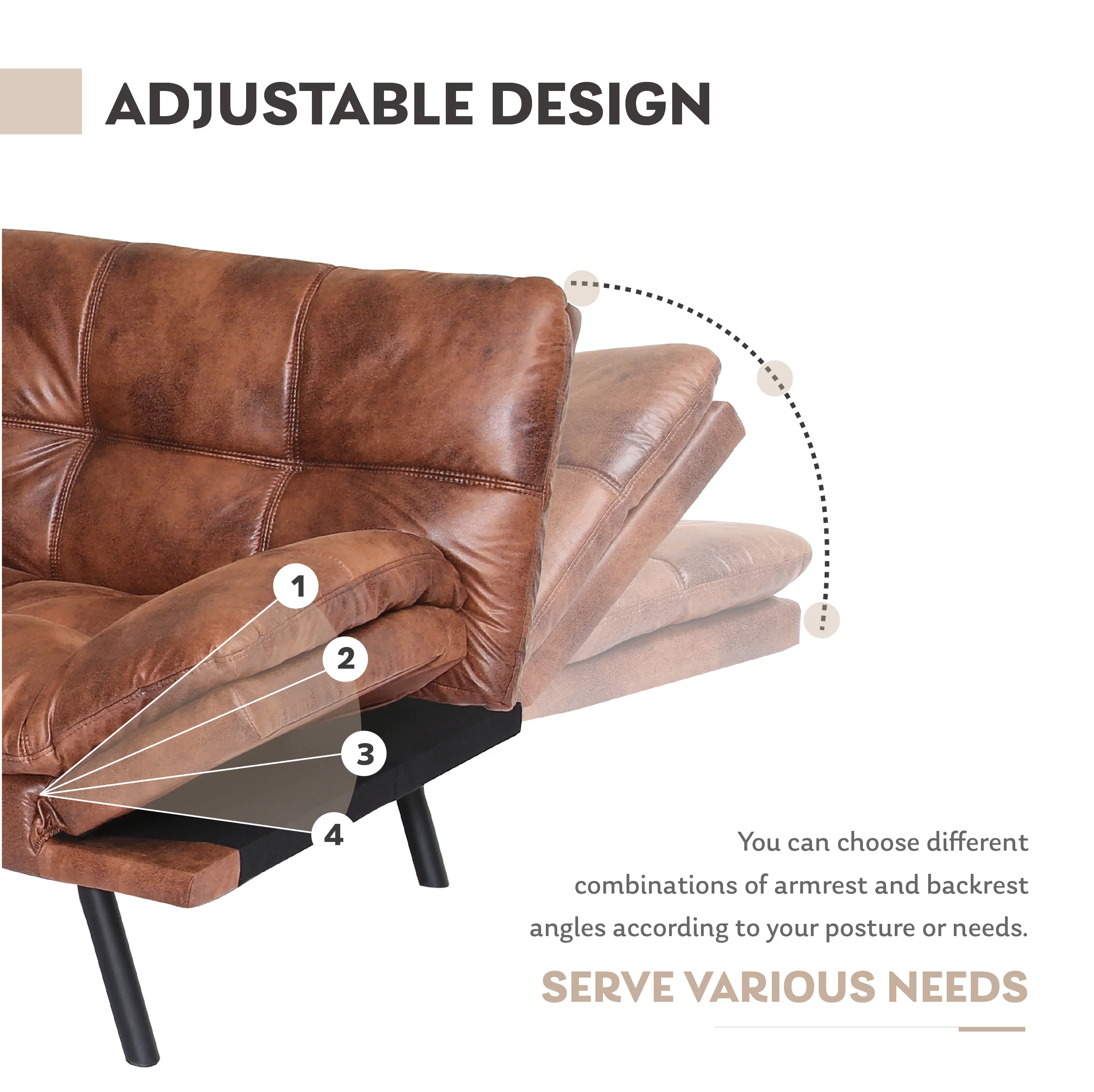 MLILY Convertible Futon Sofa Bed, Sleeper Sofa with Adjustable Armrest, Memory Foam Futon Couch, Brown