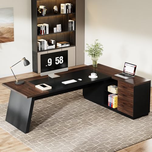 Tribesigns L-Shaped Executive Desk, 78" Modern Office Desk with Drawers and Lateral File Cabinet, Large Computer Desk with Storage Shelves, Workstation for Home Office (Walnut + Black)