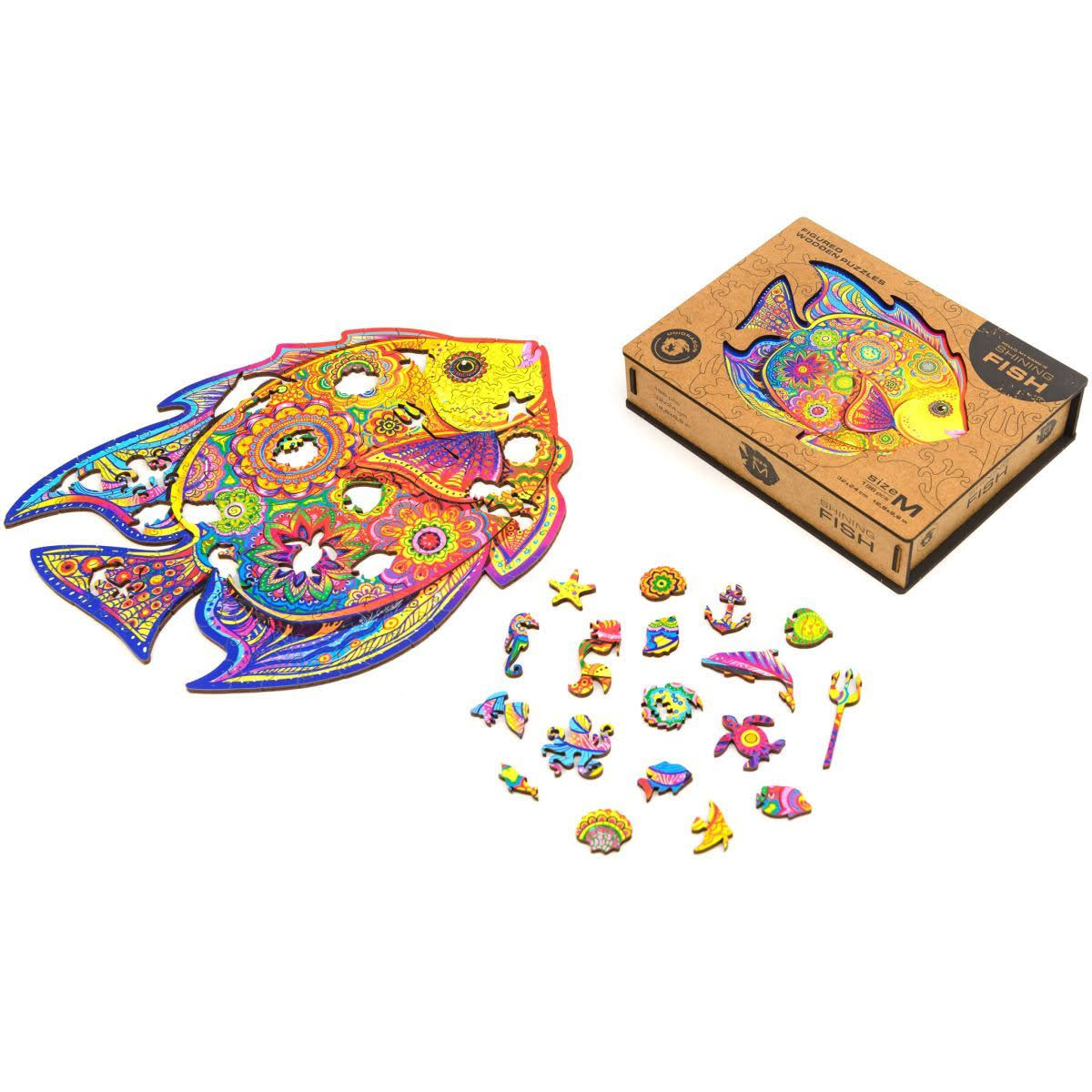 Unidragon Wooden Jigsaw Puzzle, Best Gift for Adults and Kids, Unique Shape Jigsaw Pieces Shining Fish, 12.6 x 9.6 in (32 x 24 c