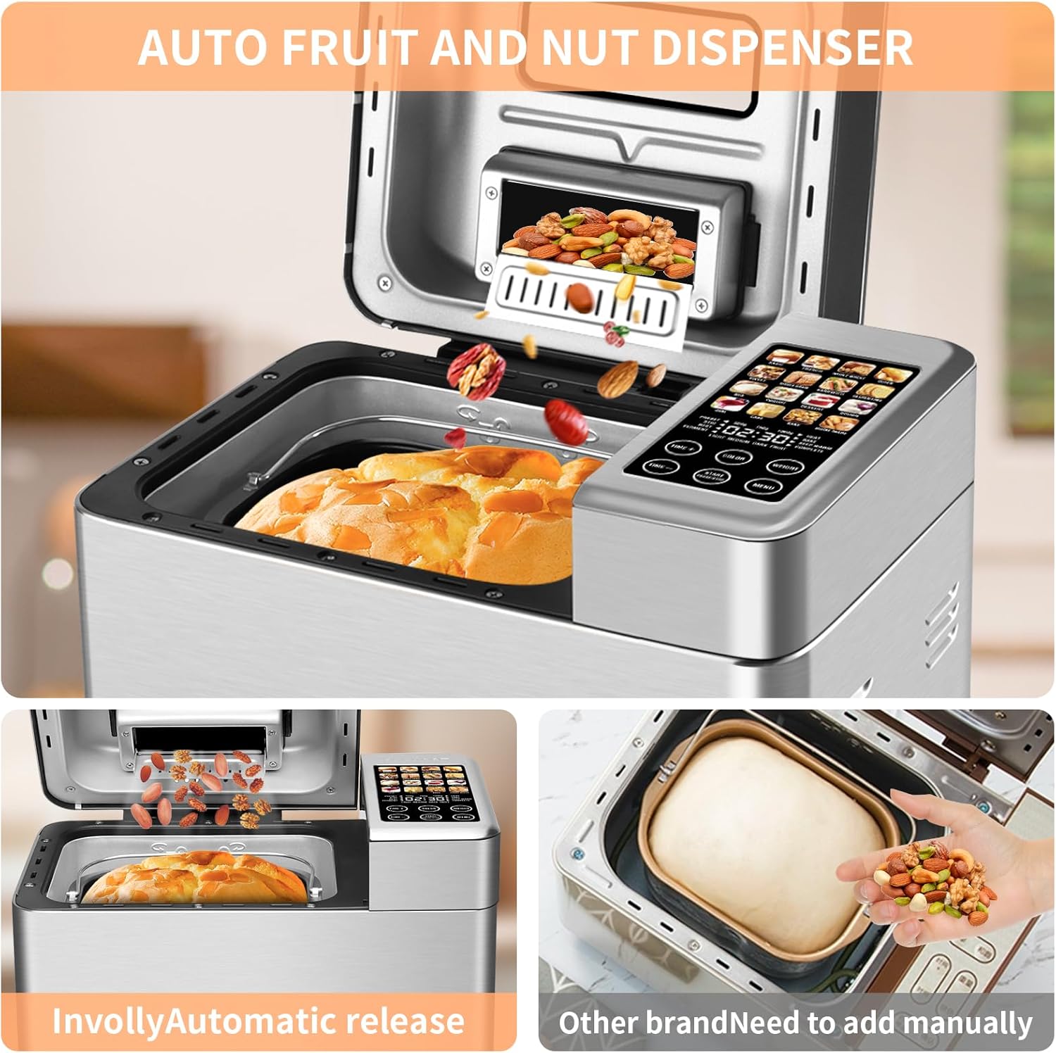 SEEDEEM 16 in 1 Bread Machine, 2.2LB Stainless Steel Bread Maker with Fruit and Nut Dispenser, Nonstick Ceramic Pan, 3 Crust Colors, 3 Loaf Sizes & Touch Panel Recipes, Silver