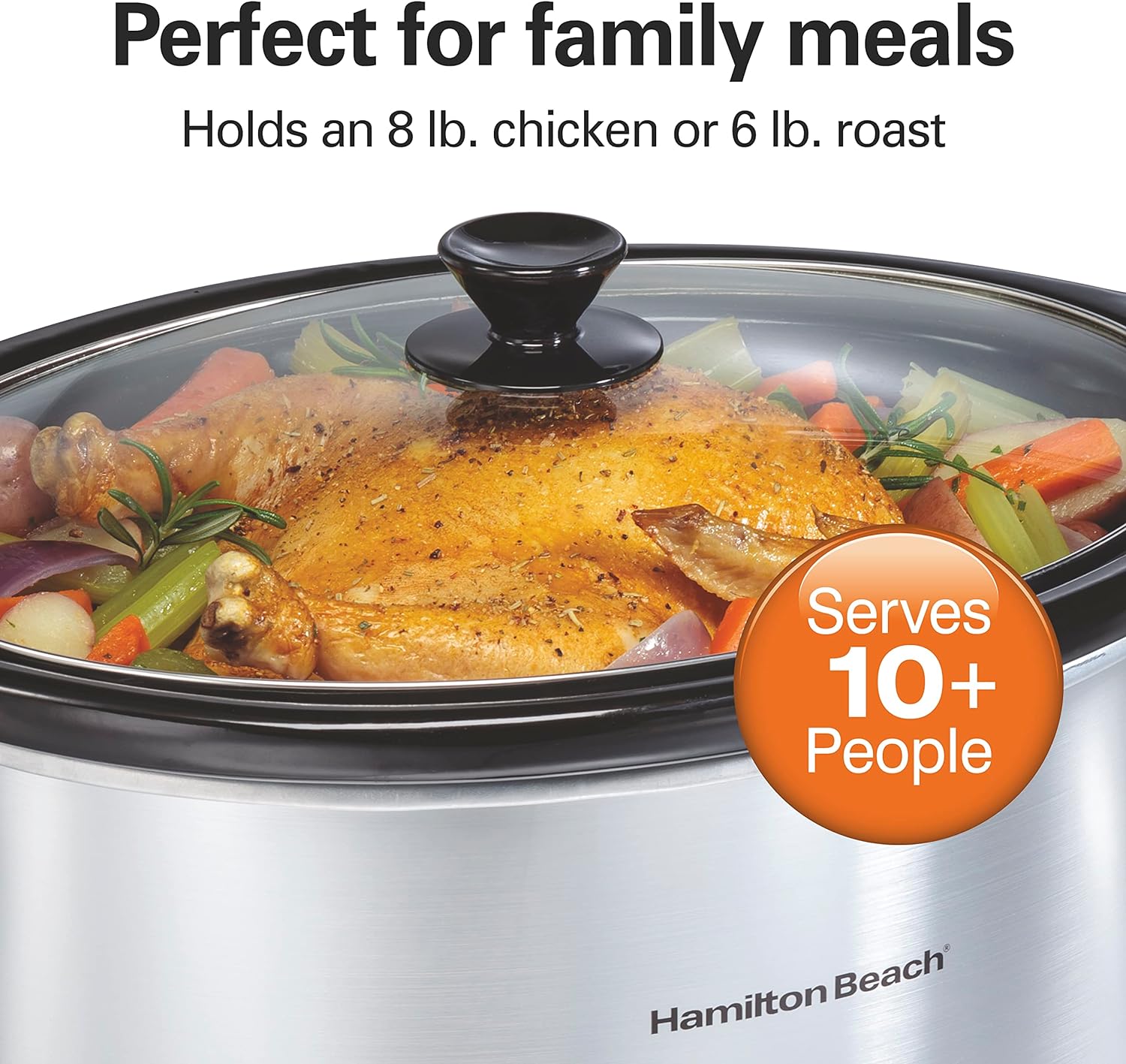 Hamilton Beach Sear & Cook Stock Pot Slow Cooker with Stovetop Safe Crock, Large 10 Quart Capacity, Programmable, Silver (33196) & 8 Quart Programmable Slow Cooker, Silver (33480)