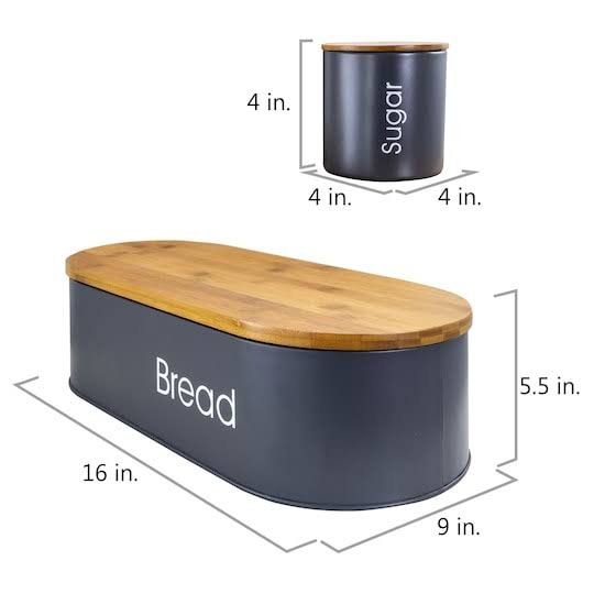 MegaChef Bamboo Kitchen Countertop 4 Piece Metal Bread Basket and Canister Set in Gray with Lids