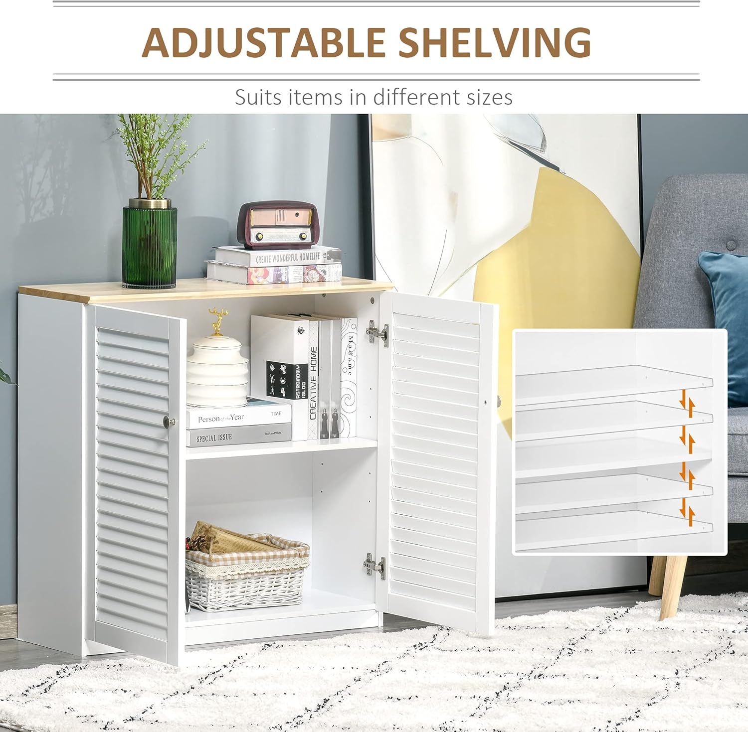 HOMCOM Storage Cabinet Kitchen Sideboard with Louvered Doors, Freestanding Floor Cabinet for Living Room, Hallway, White