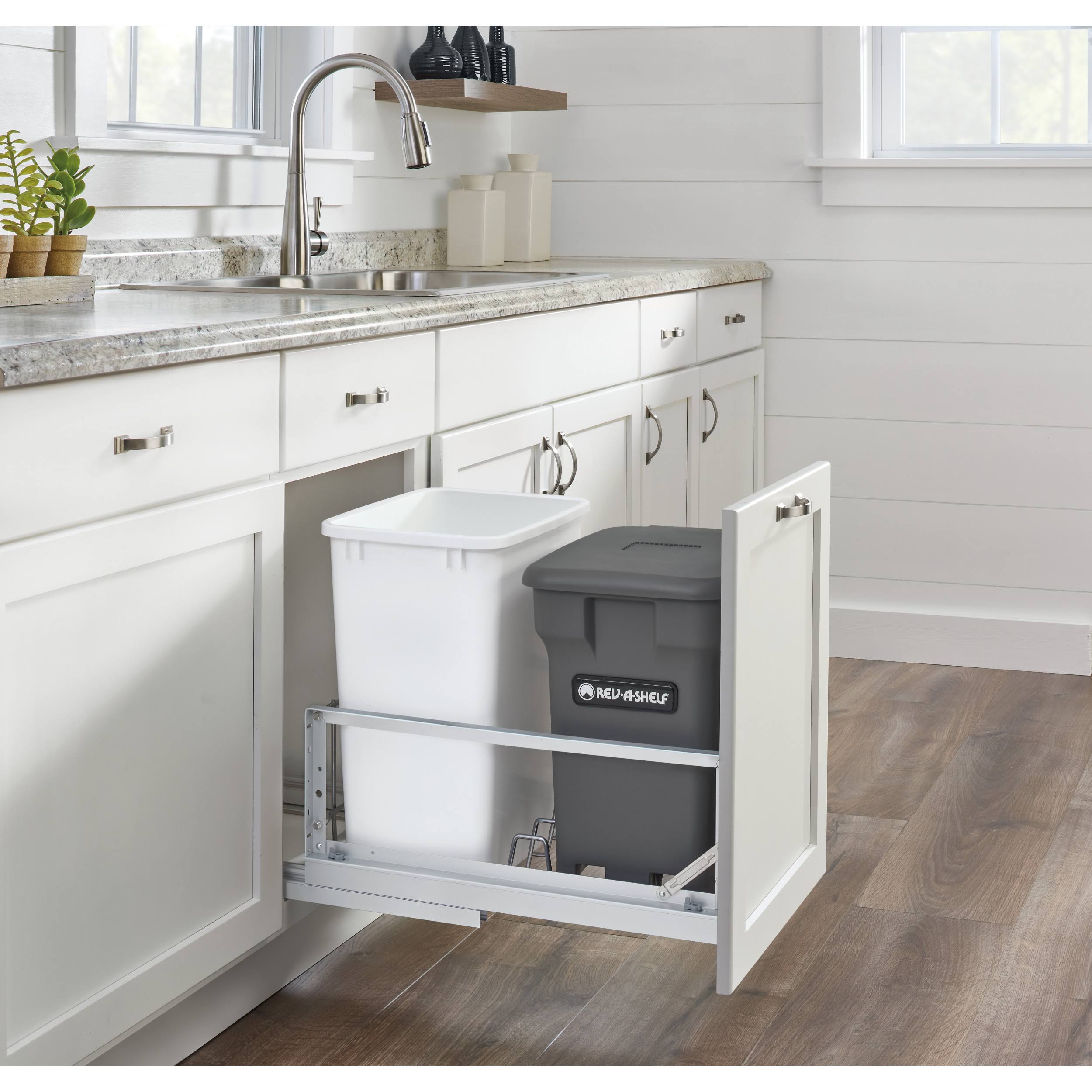 Rev-A-Shelf 5349-18CKGR-2 / Aluminum 35 QRT Waste Container Pull-Out w/Green Compost Bin