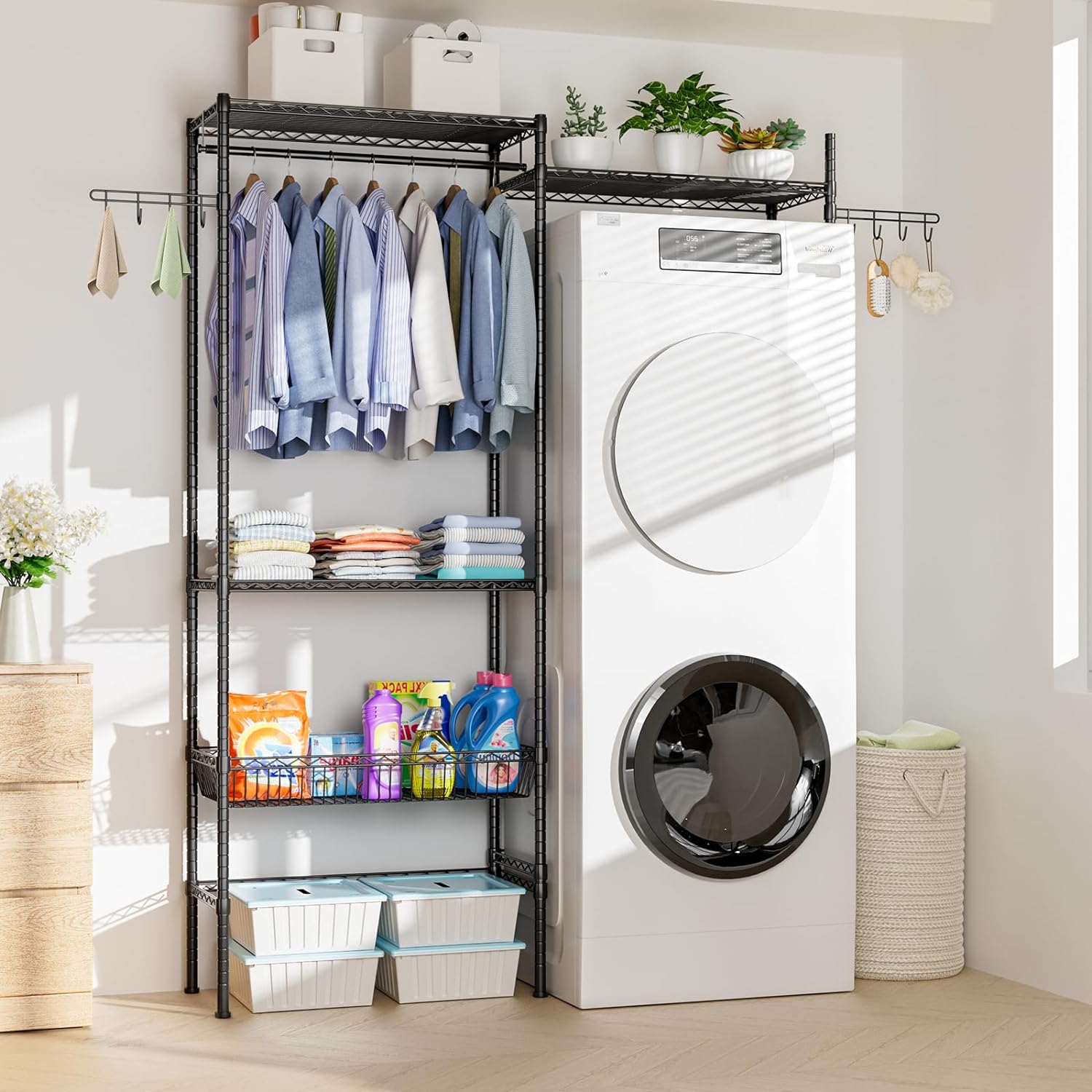 Over The Washer and Dryer Storage Shelf, Laundry Room Space-Saving Organization Shelves, Heavy Duty Freestanding Closet Organizer Storage with 2 Tier Adjustable Height Shelving -2Pack