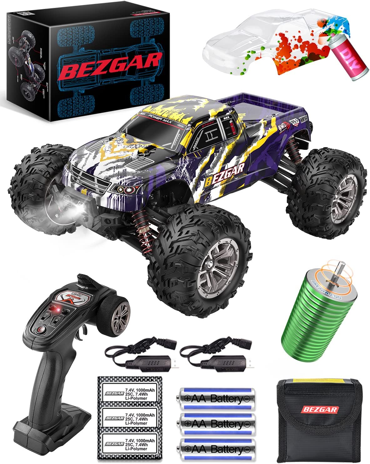 BEZGAR HM161 Hobby Grade 1:16 Remote Control Truck, 4WD High Speed 40+ Kmh All Terrains Electric Toy Off-Road RC Vehicle Car Crawler with Rechargeable Battery for Boys Kids and Adults