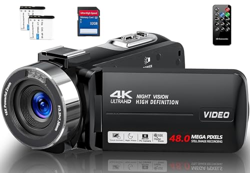 Camcorder Video Camera 4K Ultra 48MP with IR Night Vision,18X Digital Zoom Camcorder Recorder 3" 270° Rotation Touch screen Vlogging Camera for YouTube with Remote Control,2 Batteries,32GB SD Card