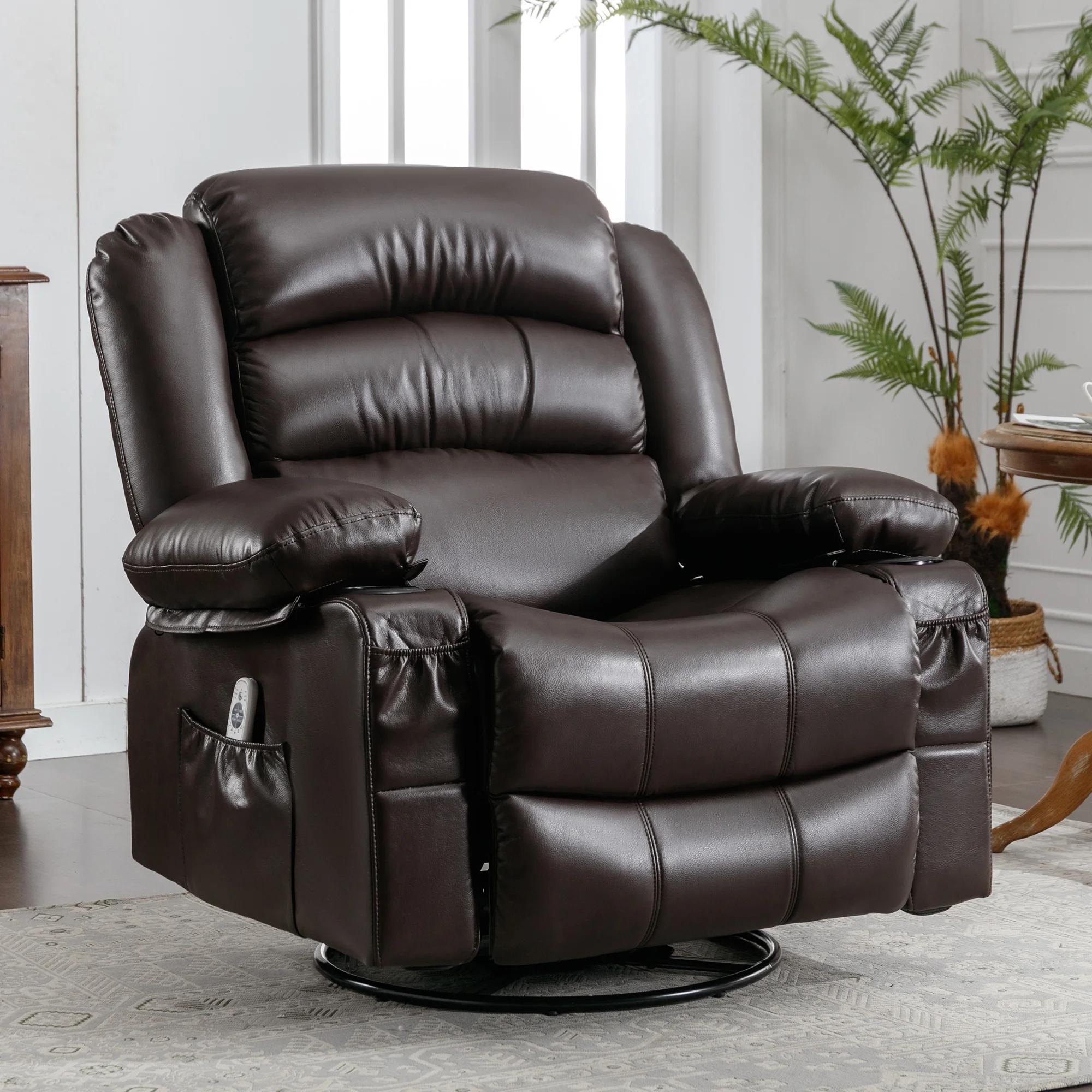Massage Swivel Rocker Recliner Chair with Vibration Massage and Heat Ergonomic Lounge Chair for Living Room with Rocking Function and Side Pocket 2 Cup Holders USB Charge Port, Brown
