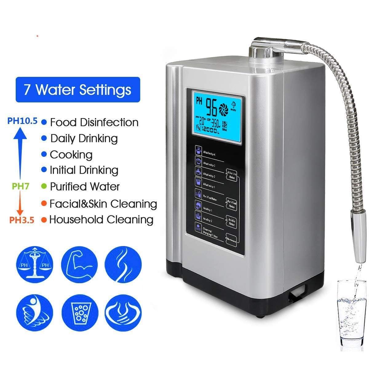 Water Purifier Machine PH 3.5-10.5 Alkaline Acid Water Machine, Hydrogen Generator Machine Purifier 3.8in LCD Alkaline Acid Water Water Filter System for Home