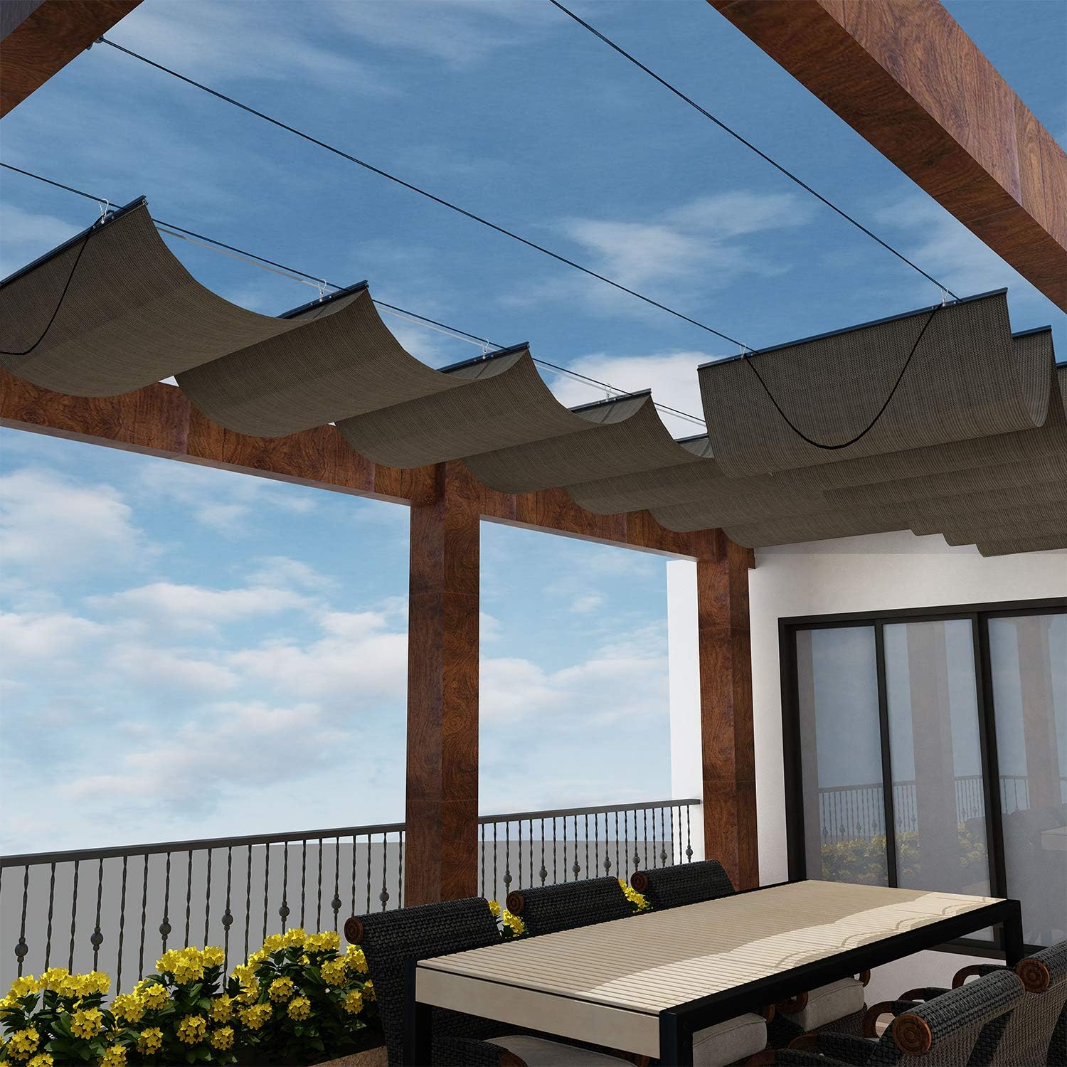 Windscreen4less Retractable Shade Canopy Replacement Cover for Pergola Frame Slide on Wire Cable Wave Drop Shade Cover Shade Sail Awning for Patio Deck Yard Porch Brown 4 ' x 16 '