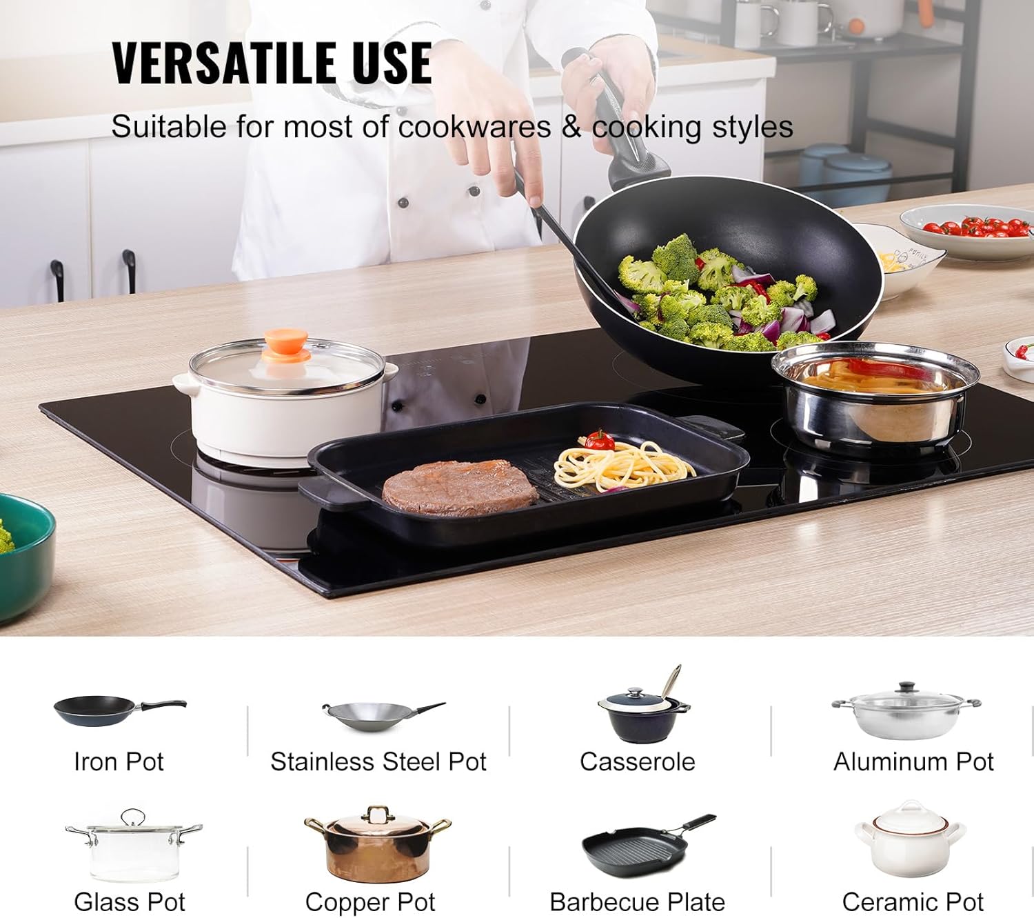 VEVOR Built in Electric Stove Top, 24 inch 4 Burners, 240V Glass Radiant Cooktop with Sensor Touch Control, Timer & Child Lock Included, 9 Power Levels for Simmer Steam Slow Cook Fry