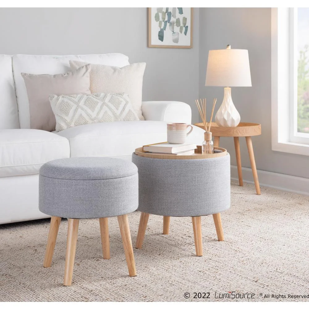 Lumisource Tray Contemporary Storage Ottoman with Matching Stool in Light Grey Fabric and Natural Wood Legs
