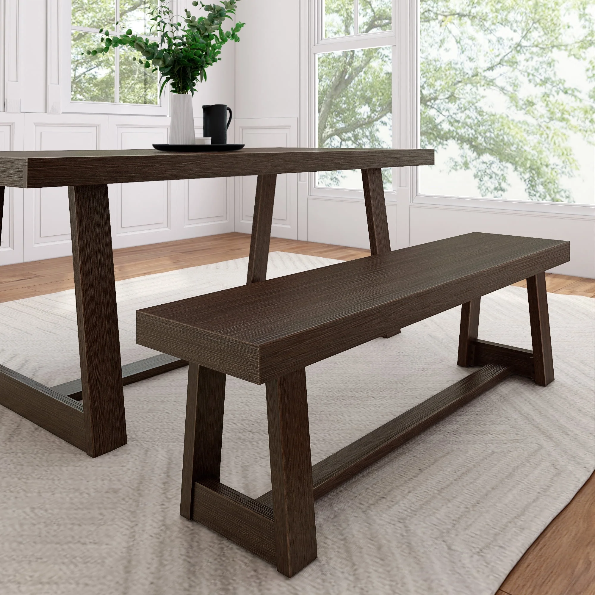 Plank+Beam 60" Classic Farmhouse Dining Bench, Solid Wood Kitchen Dining Seat, Outdoor Bench, Walnut Wirebrush