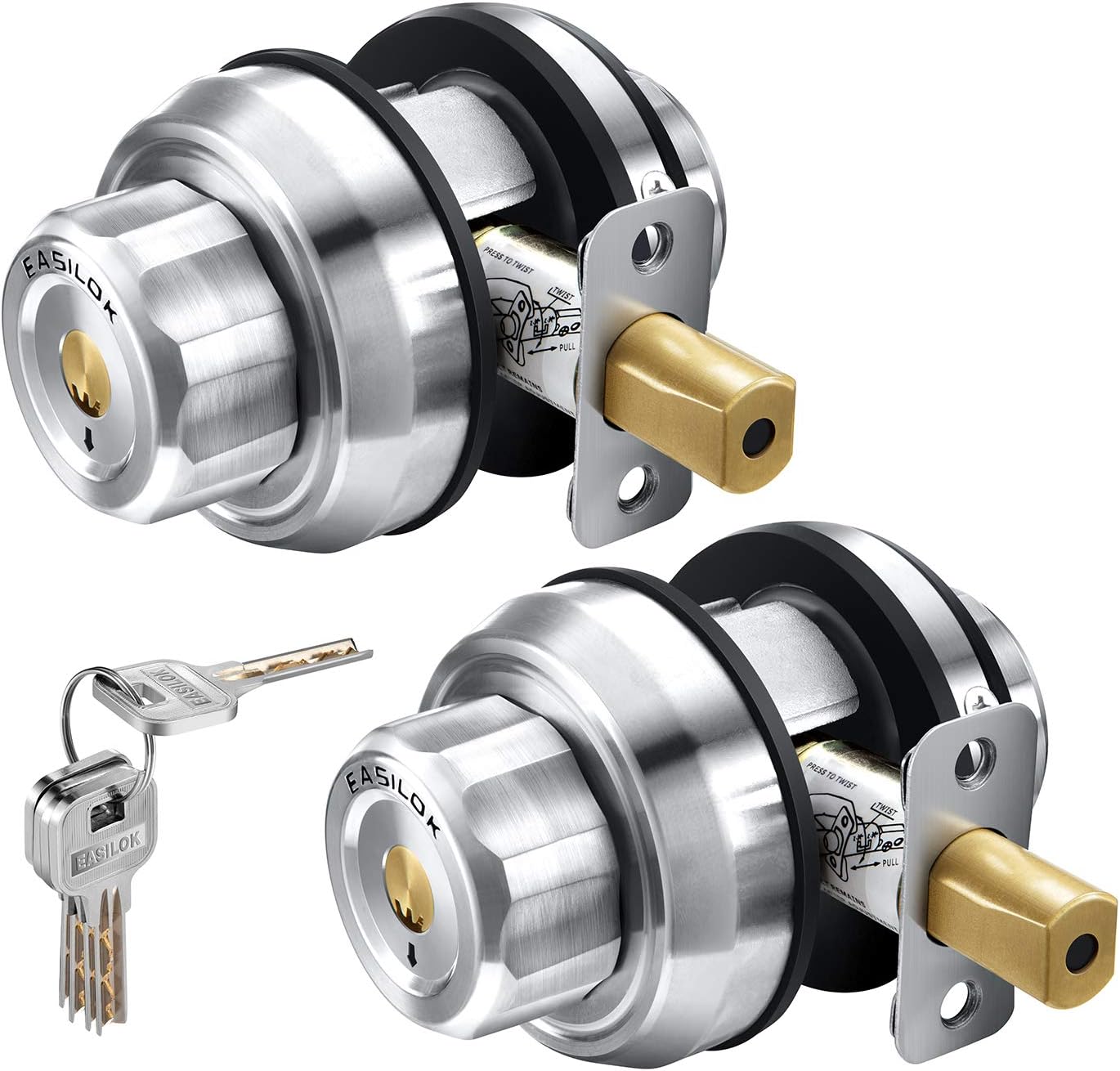 Keyless Twist to Lock Deadbolt Lock, New Lathe Finish 304 Stainless Steel Casting Front Door Lock, Single Cylinder Deadbolt and Door Knob with Keyless Locking Design (Single-Lock)