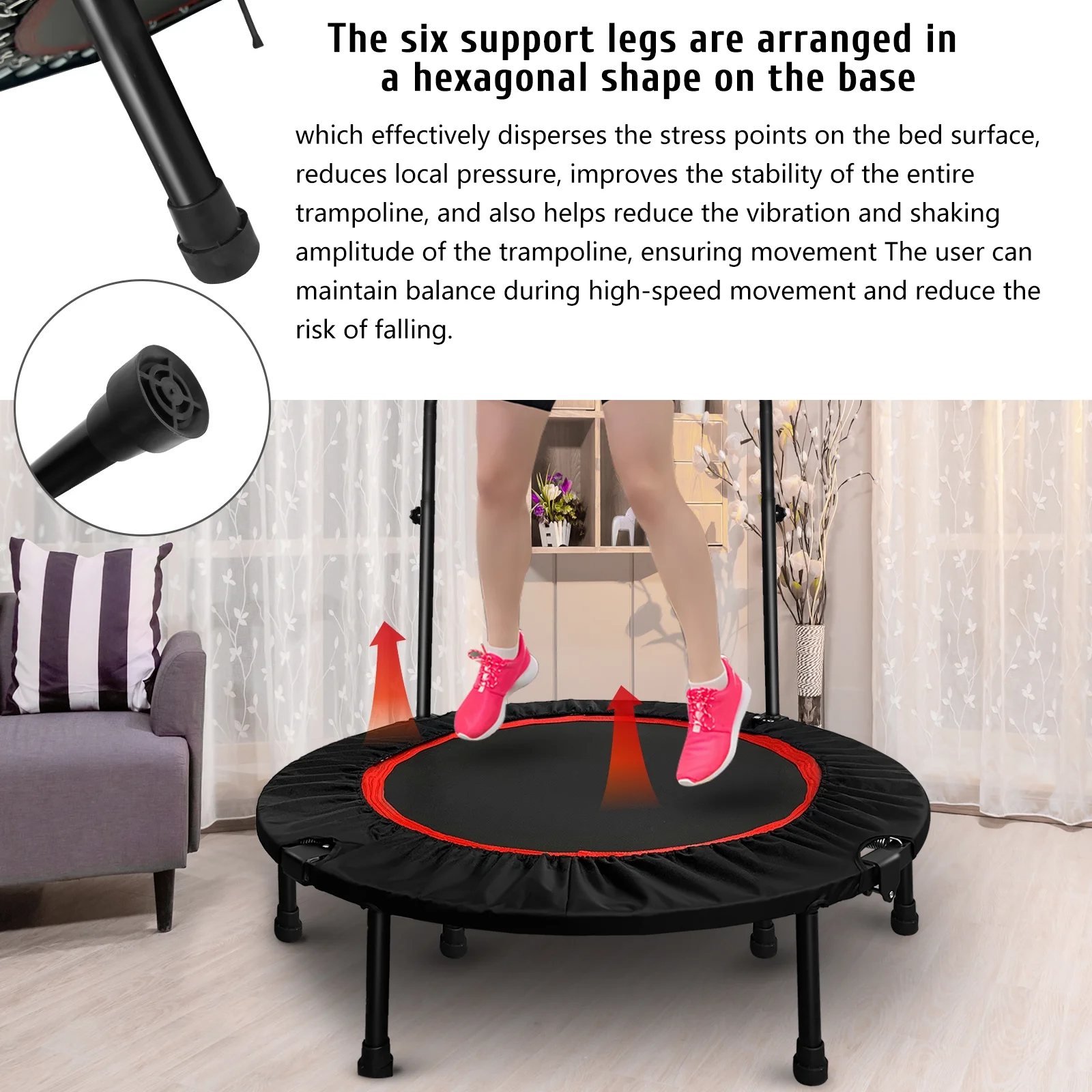 JSTUOKE 40 660lbs Fitness Mini Trampoline, Exercise Rebounder Mini Trampoline for Adults, Foldable with Adjustable Handle and 6 Support Legs