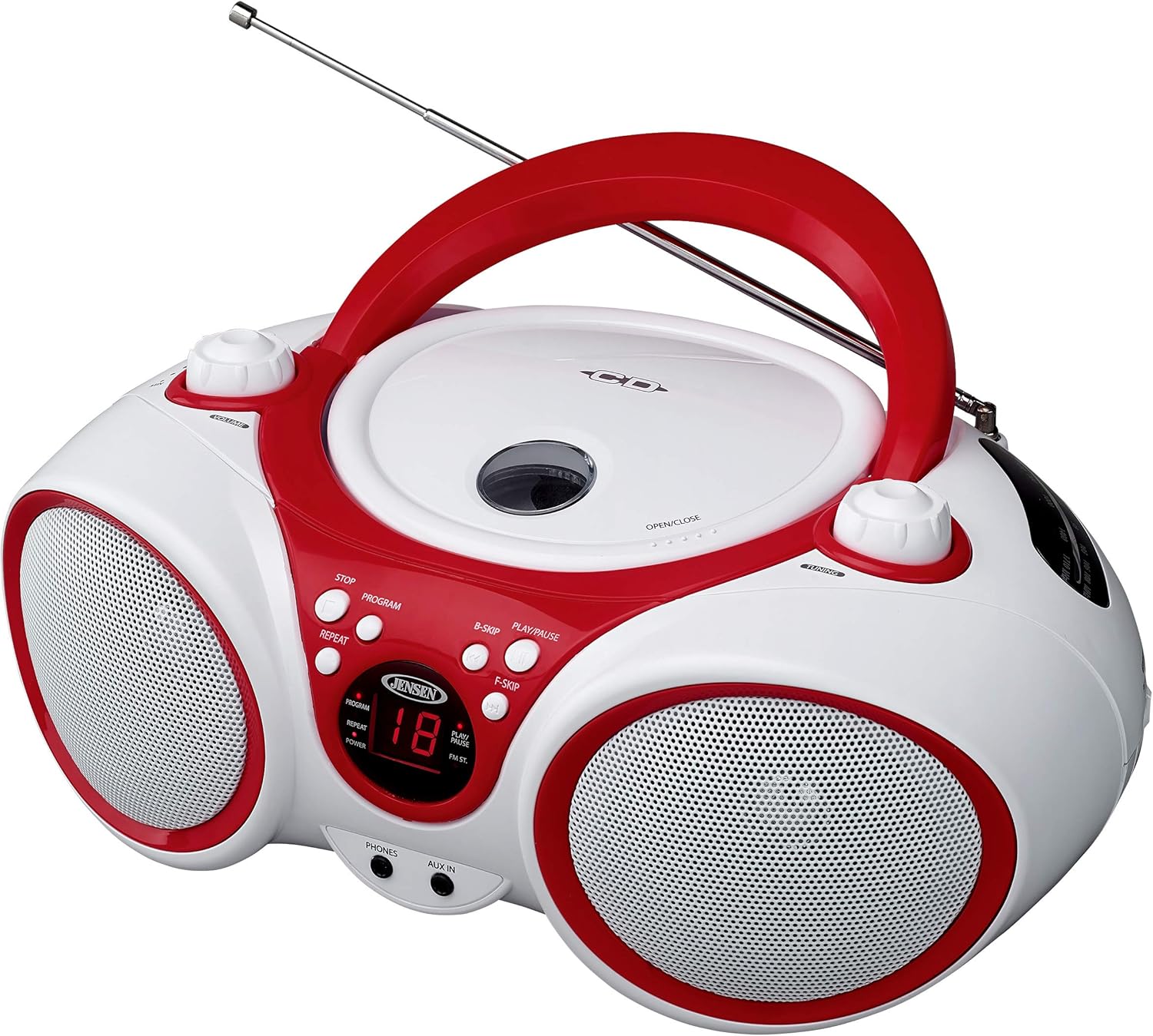 Jensen CD Boombox CD-490 White/Red Portable Stereo Boombox + CD-R/RW Player with AM/FM Radio and Aux Line-In (Limited Edition Color) Pack of 2
