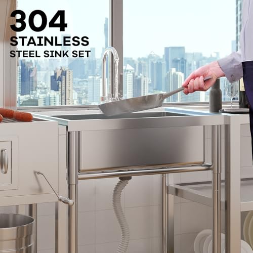 Stainless Steel Free-Standing Utility Sink, Single Bowl Freestanding Laundry Sink with Faucet, Drainboard, Storage, Hot & Cold Water Plumbing for Restaurant, Workshop, Home, 24x20x41 in