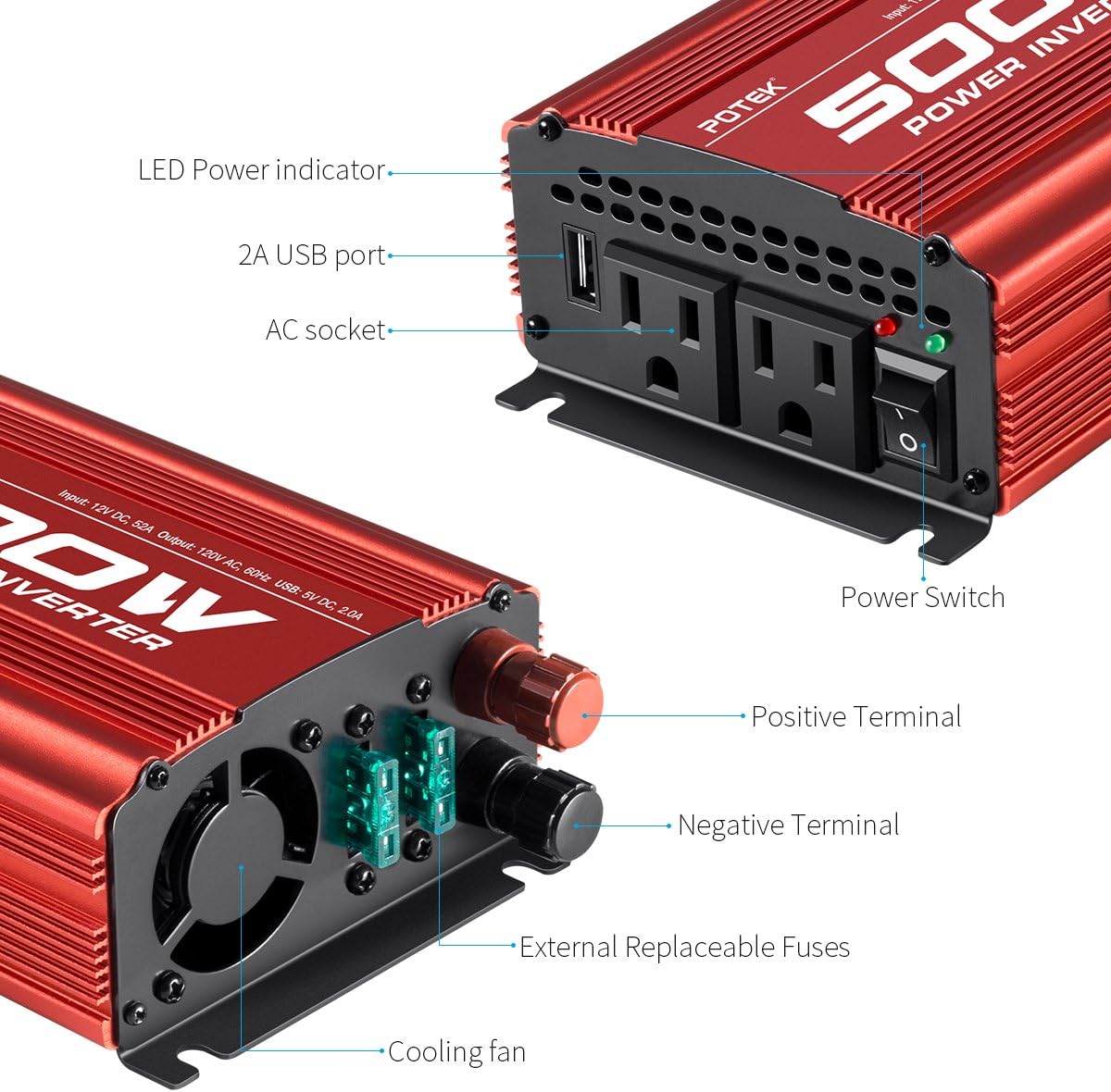 POTEK 500W Car Power Inverter DC 12V to AC 110V with 2AC outlets and 2A USB Port
