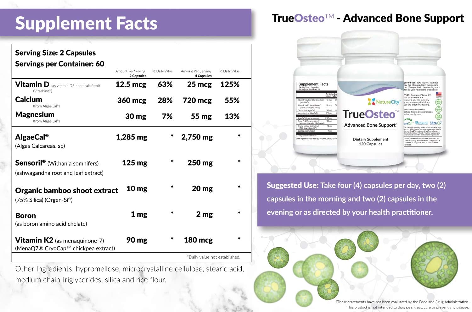True-Osteo Plant Calcium Bone Support Supplement w AlgaeCal Vitamin K2 Magnesium Pack of 2