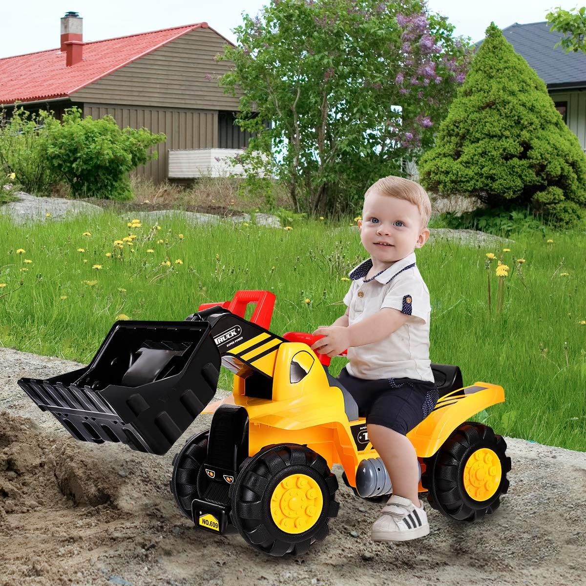 Costzon Kids Ride On Construction Bulldozer, Outdoor Digger Scooper Pulling Cart W/Front Loader Digger Horn Underneath Storage, Children Pretend Play Truck Toy (Yellow)