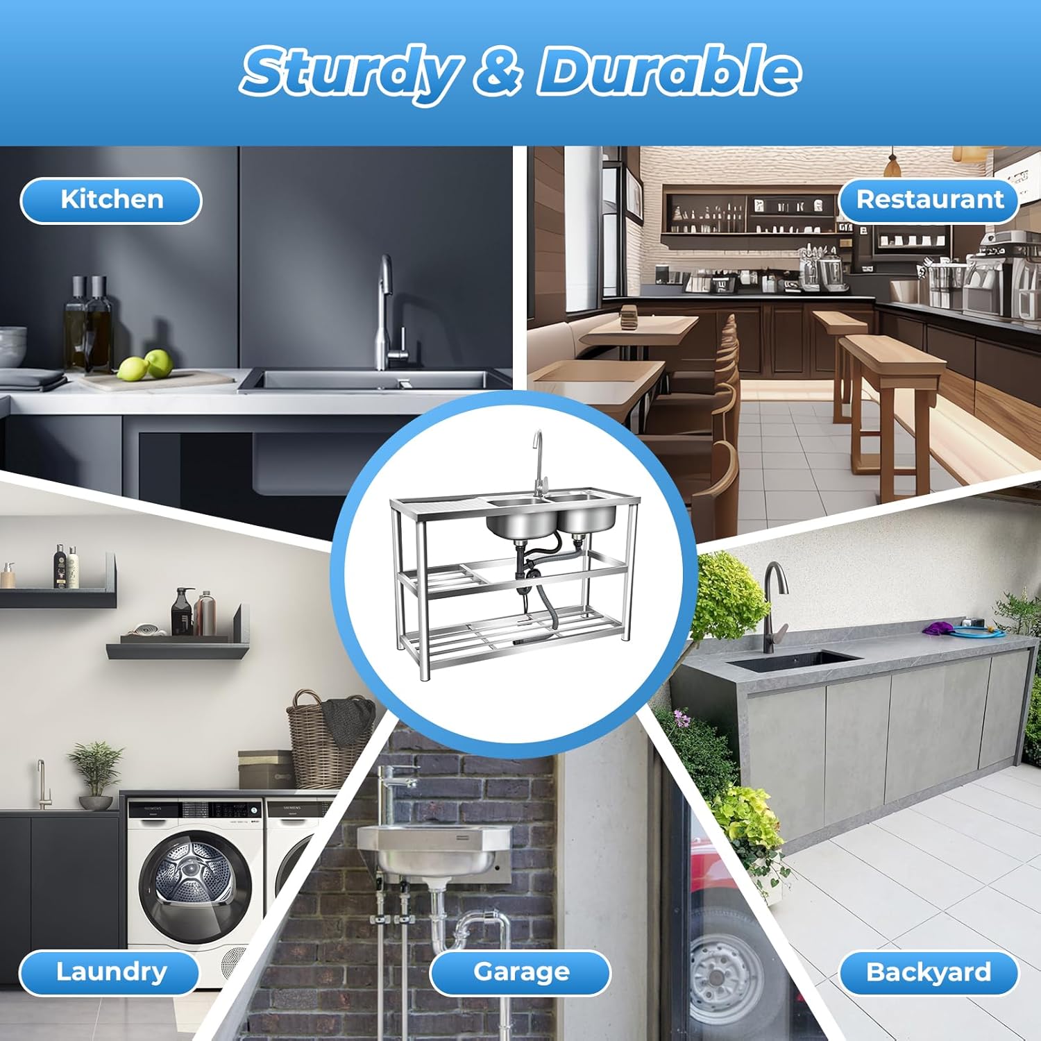 Commercial Stainless Steel Sink Free Standing Utility Sink 2 Compartment Commercial Restaurant Kitchen Sink w/Workbench Outdoor Utility Sink for Garage Restaurant Kitchen 47.2x17.5x31.5in
