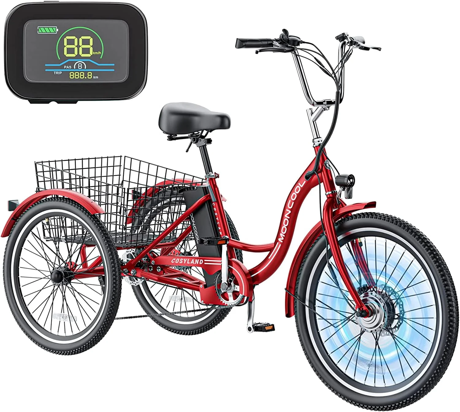 MOONCOOL 24/26 Electric Tricycle for Adults, 350W 36V 7 Speeds Electric Trike Motorized Three Wheel Electric Bikes Bicycle with Large Basket for Women Men