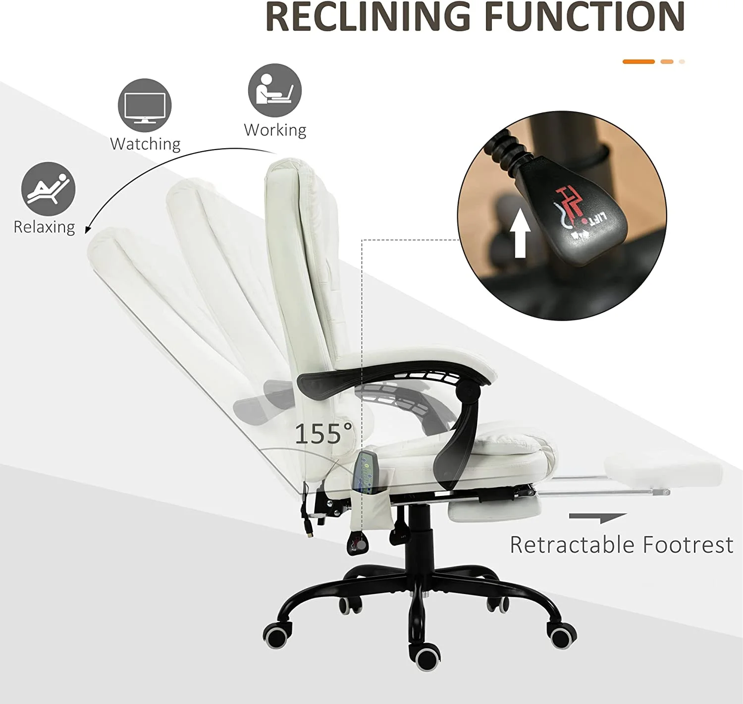 Vibrating Massage Office Chair, High Back Executive Recliner With Lumbar Support, Footrest, Reclining Back, Adjustable Height, White