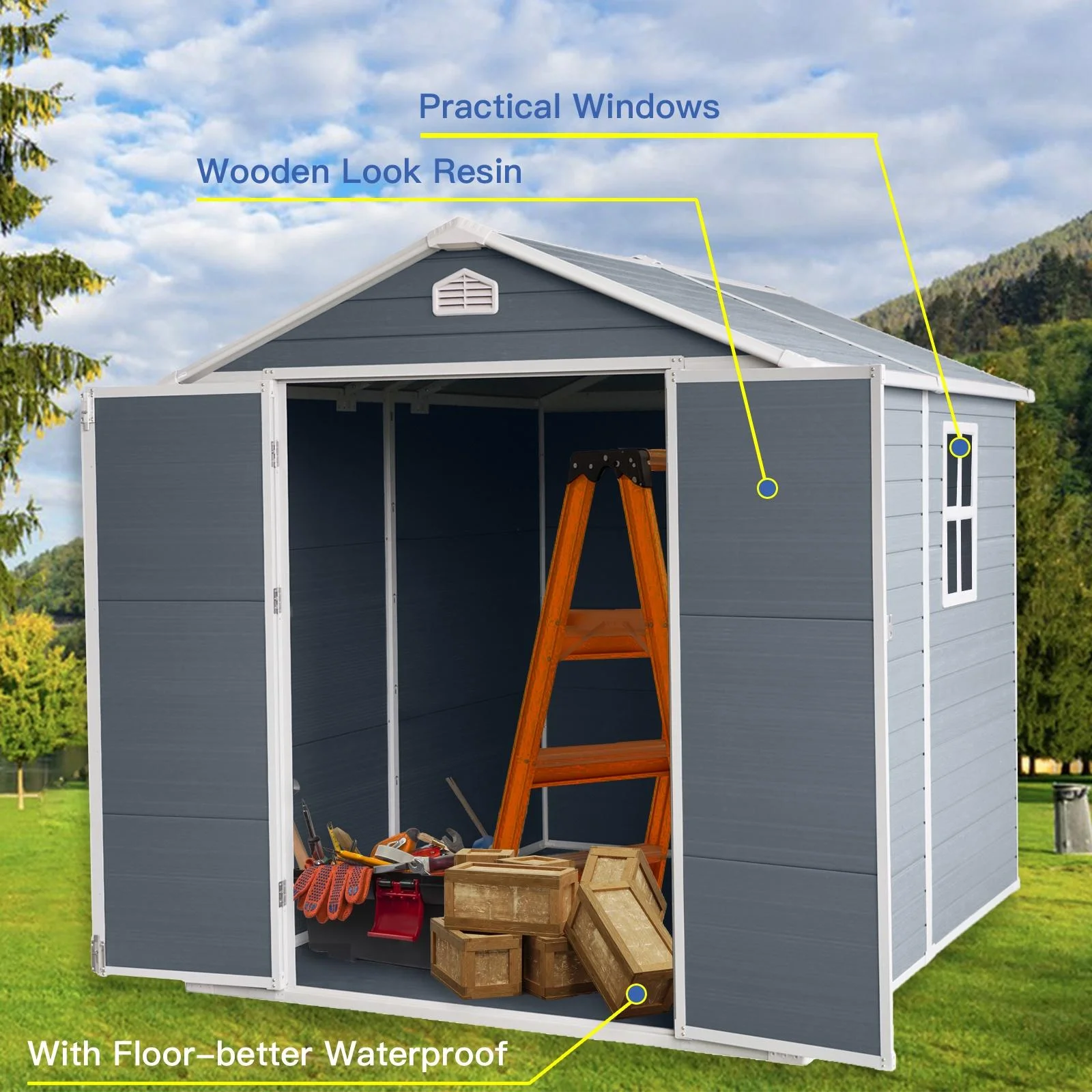 8' x 6' Outdoor Resin Storage Shed, Backyard Plastic Sheds with Reinforced Floor, Lockable Door, Garage Patio Garden Storage Shed, Gray