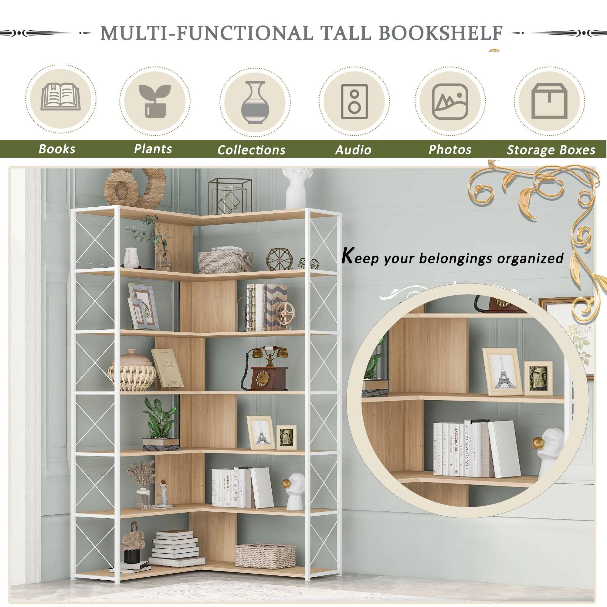 L-Shaped Corner Bookshelf 7-Tier Bookcase with Metal Frame and Industrial Style Design - Spacious Home Office Shelf for Books, Decor, MDF Boards - Sturdy and Stylish Storage Solution (Oak)