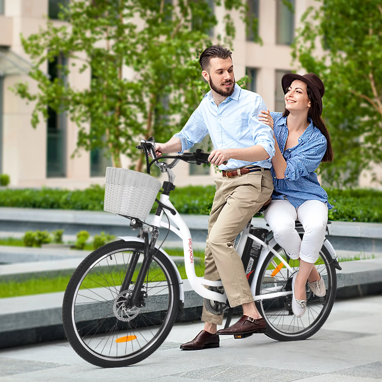 PEXMOR Electric Bike for Adults, 350W Electric City Cruiser Bike  Ebike 36V 12.5AH Removable Battery, 26" Electric Commuter Bicycle Shimano 6-Speed Dual Shock Absorber w/Basket & Headlight