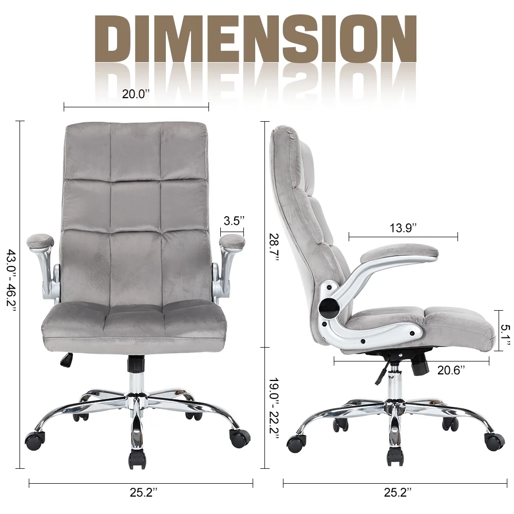 Velvet Office Chair for Home Office Desk Chair Comfy Computer Chair, Home Office Chairs with Wheels and Flip-Up Arms, High Back Cute Office Chair Work Chair (Grey)