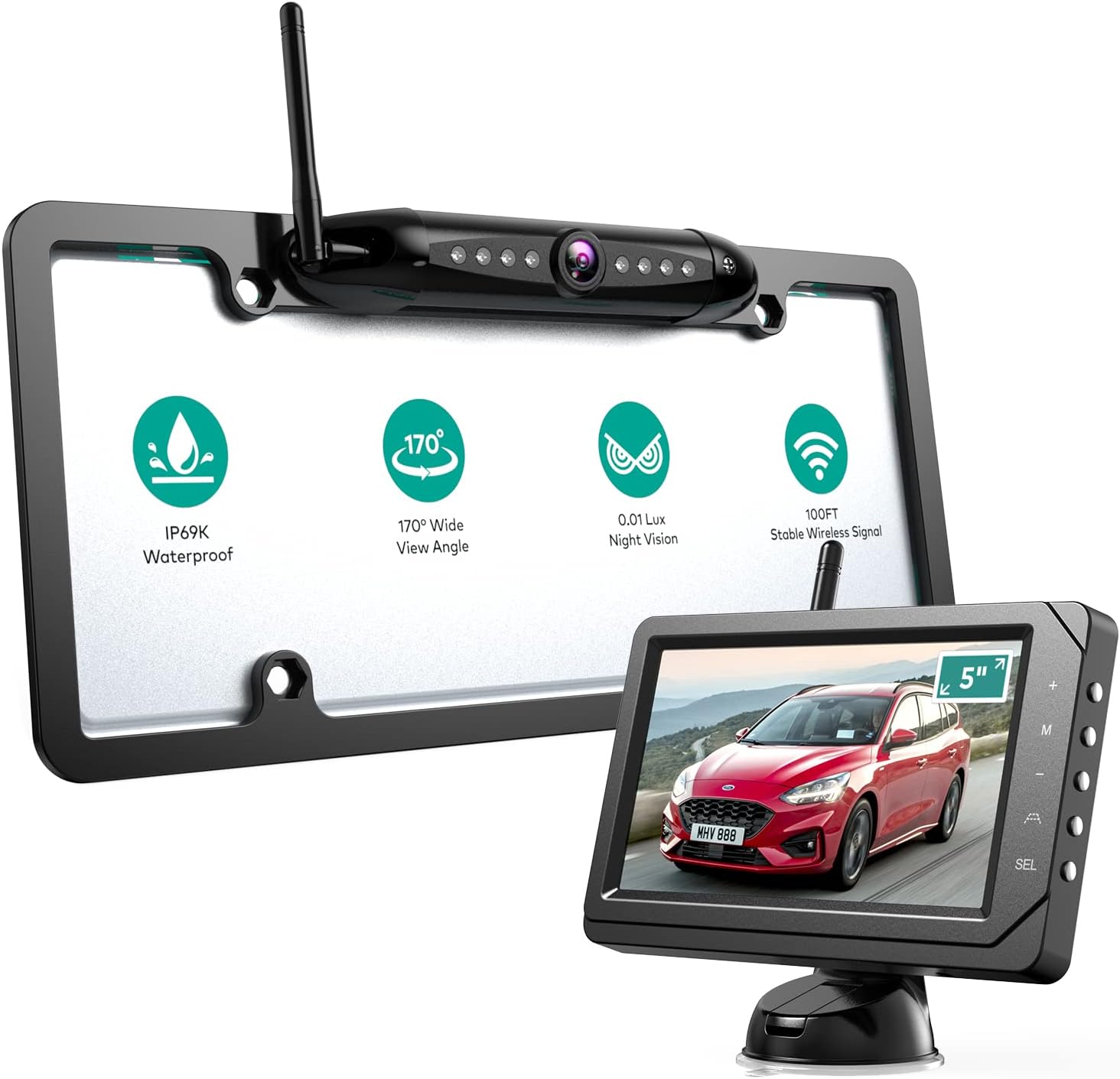 Nuoenx Wireless Backup Camera, Wireless License Plate Camera with 5 Inch HD Monitor, IR Night Vision Car Rear View Camera, Waterproof Backup Camera for Cars, Truck, RV, Trailer