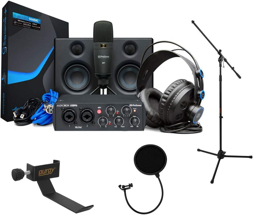 PreSonus AudioBox Studio Deluxe Ultimate Bundle (25th Anniversary) with Mic Stand, Headphone Holder & Pop Filter Kit