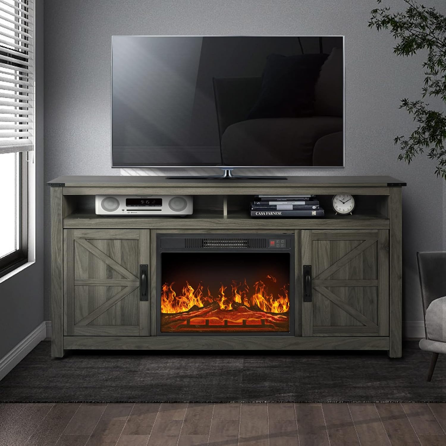 Farmhouse Barn Door TV Stand for TVs Up to 65 inch,Entertainment Center and Media Console with 2 Storage Cabinets and Open Shelves for Living Room(Rustic Brown)