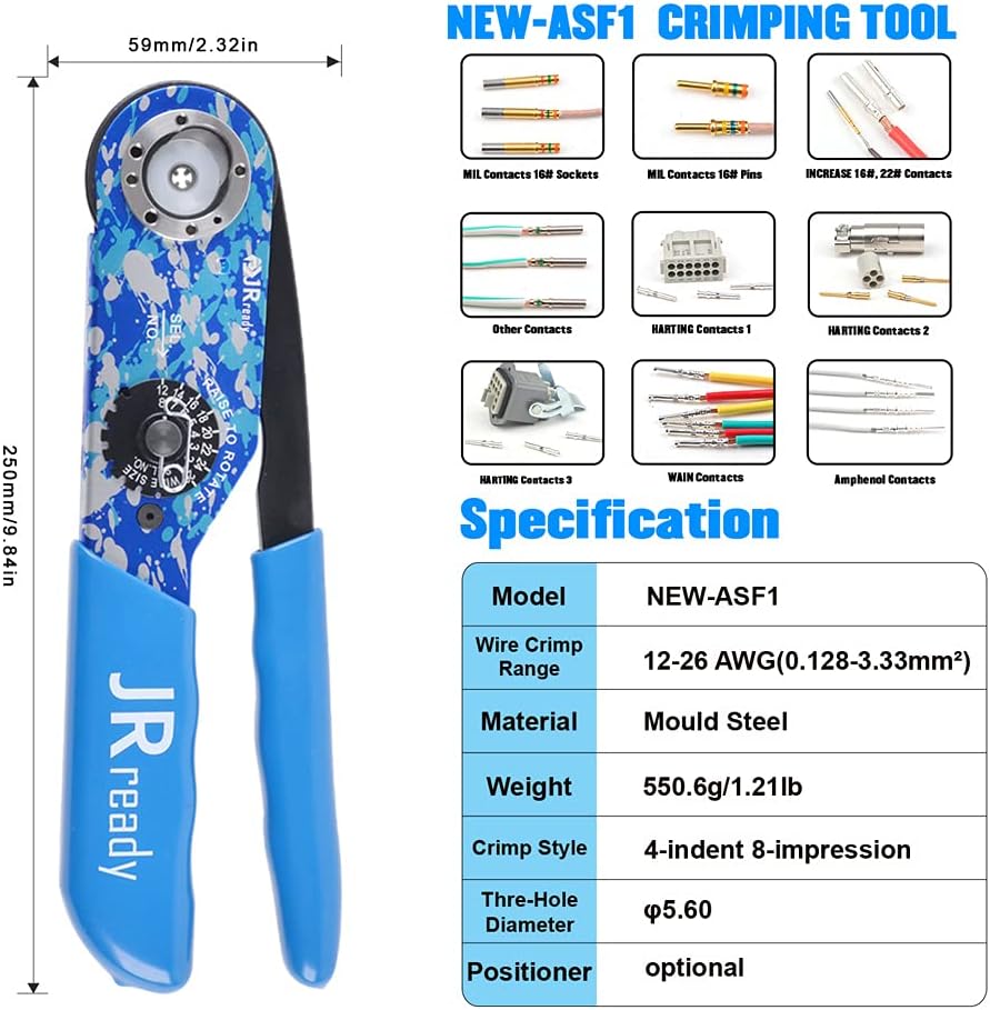 JRready ACT-M201 8 indent crimping tool design according M22520 1 01 for heavy duty circular rectangular electrical connector 38999 26482 etc. wire 12-26 awg 12 16 20 solid barrel contact