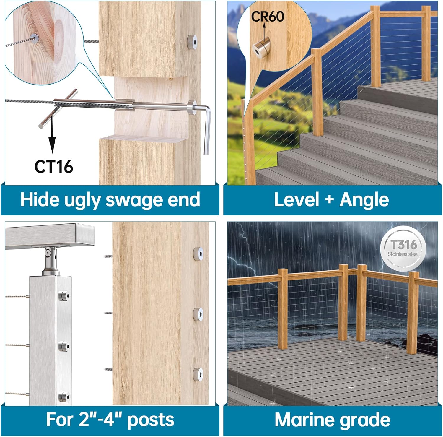 Muzata 10Pair Invisible Cable Railing kit 1/8" Swage Tensioner and Terminal Hidden T316 Stainless Steel for 2"x2" and 4"x4" Wood Metal Post Deck Stairs WoodHidden System CR26, CV1 CV2 Pack of 2