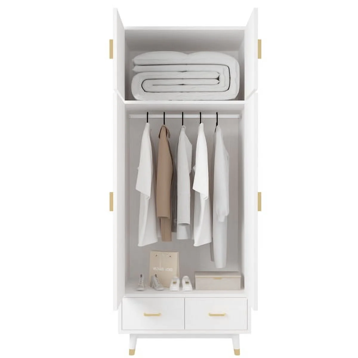 SYTHERS 4 Door Wood Wardrobe Bedroom Closet with Clothing Rod inside Cabinet and 2 Drawers for Storage, White(31.5"L x20.5"W x70.9"H)