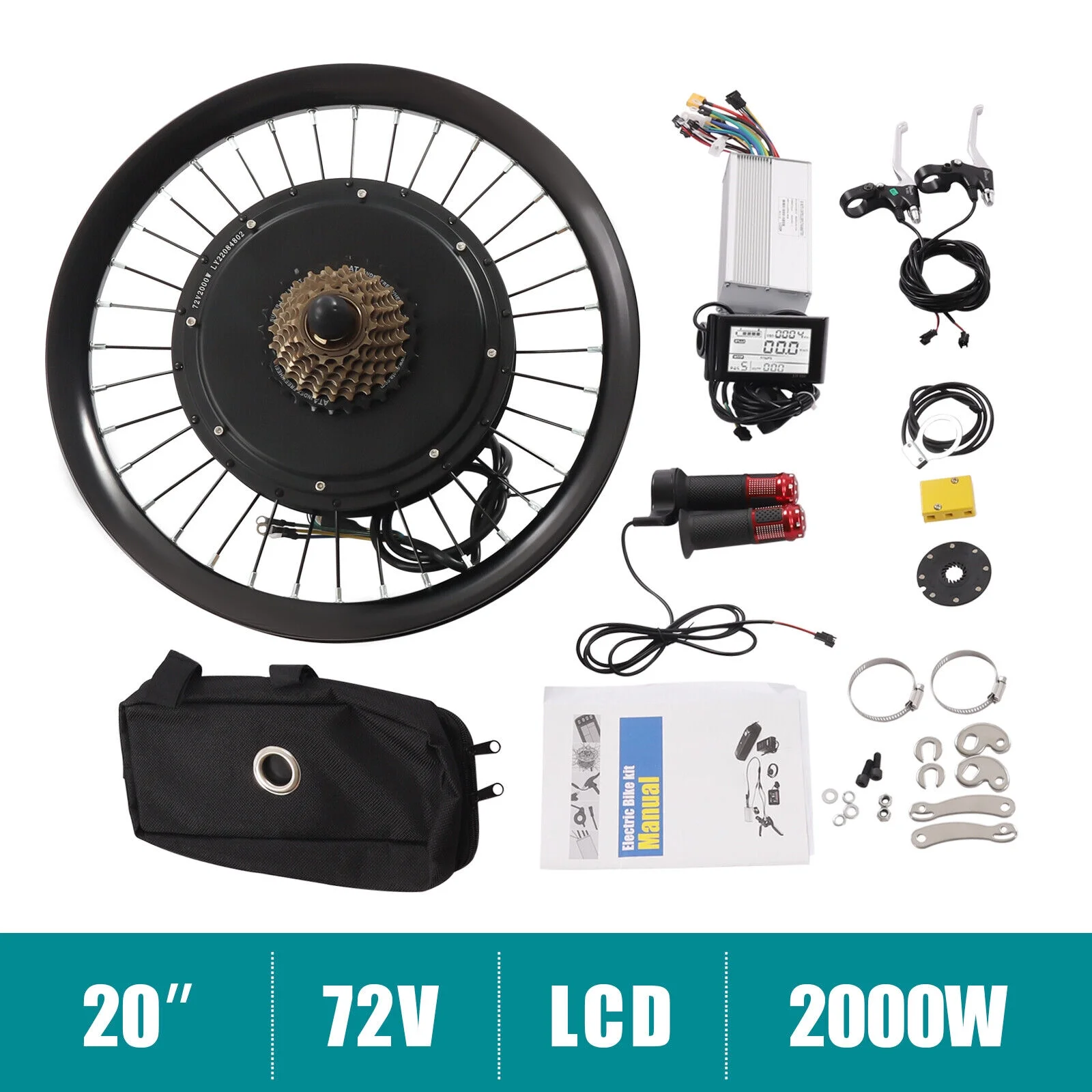 60N.M 20'' Rear Wheel Electric Bicycle Conversion Kit E Bike Motor LCD 72V 2000W fits 20-inch Bikes 560rpm