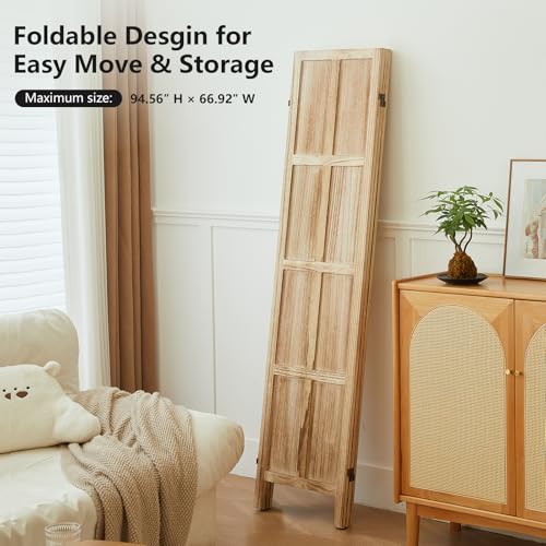 Wood Room Divider 4 Panel, 5.6 FT Tall Room Divider and Folding Privacy Screen, Partition Divider for Room Separation, Wooden Wall Divider Screen for Home Office Bedroom (Retro White)