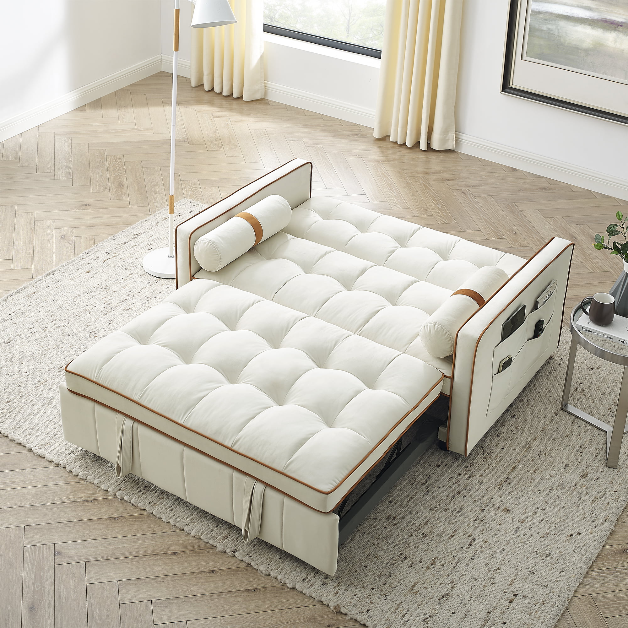 Ufurpie 55.5" Pull-Out Velvet Sofa Bed,Sleeper Sofa with Adjustable Backrest and Lumbar Pillows,2 Seater Loveseats Sofa Couch,for Living Room,Bedroom,Apartment,White