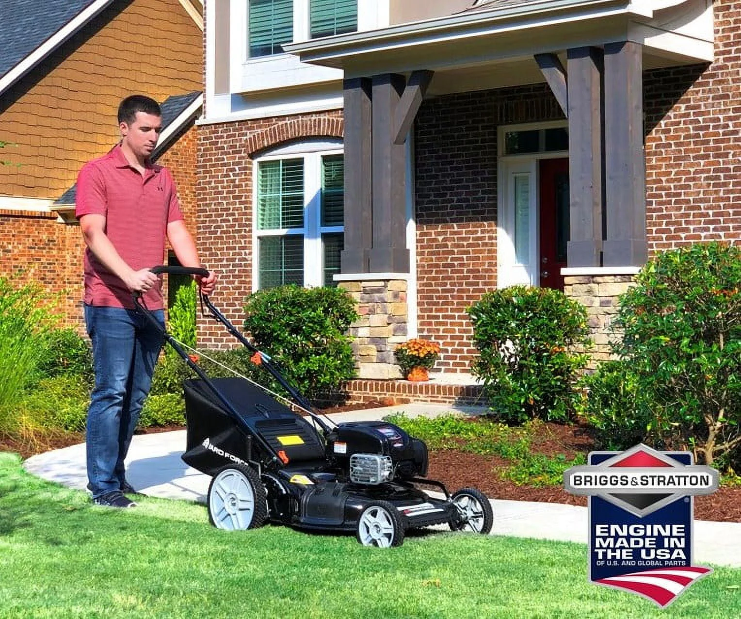 Yard Force Self Propelled Lawn Mower Briggs & Stratton 150cc Gas Engine 22-inch Steel Deck 3-in-1 mulch, bag, side discharge, 12-inch High Rear Wheels