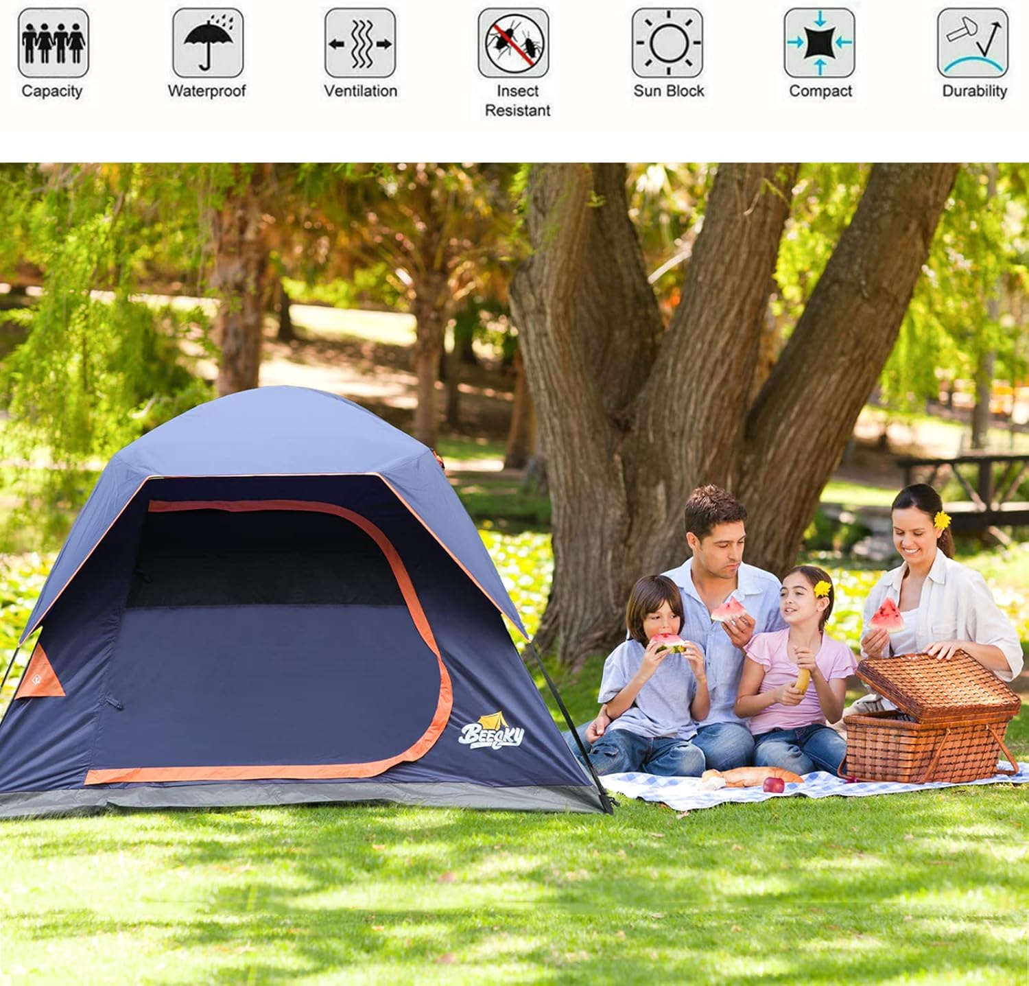 Beesky Waterproof Camping Tents 4 Person Windproof Family Tent with Removable Top Rain-Fly, Large Mesh Windows, Easy Set Up, Portable Carry Bag