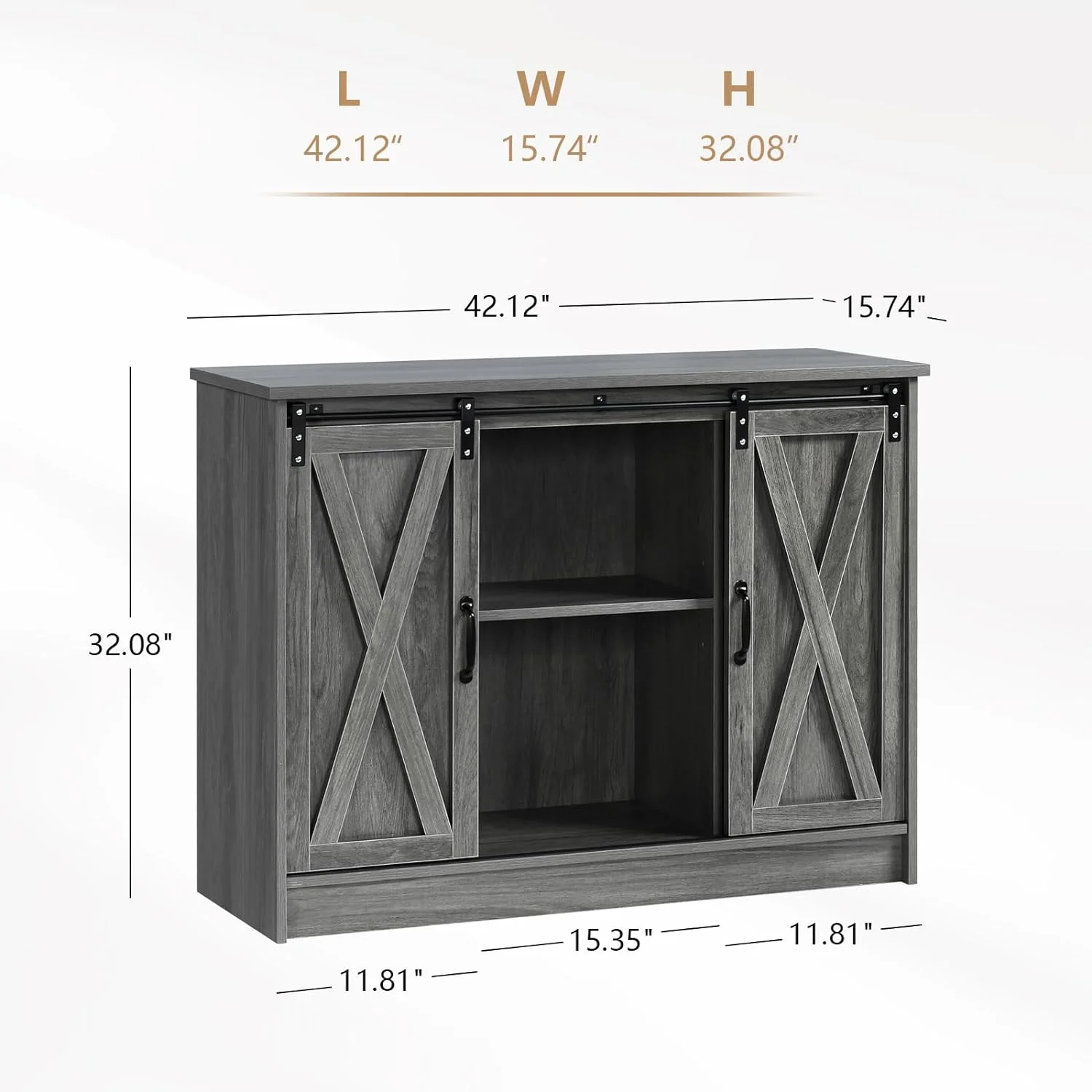 Farmhouse Coffee Bar Cabinet with Sliding Barn Doors, 42”Kitchen Buffet Sideboard Cabinet with Adjustable Shelves, Wash Gray