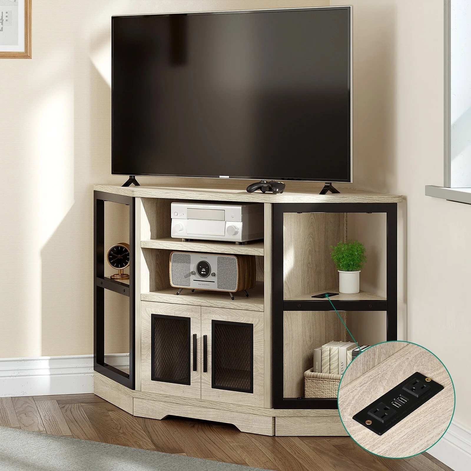 WedealFu Inc Farmhouse Corner TV Stand Entertainment Center Media Console for TVs up to 55" with Power Outlet Oak