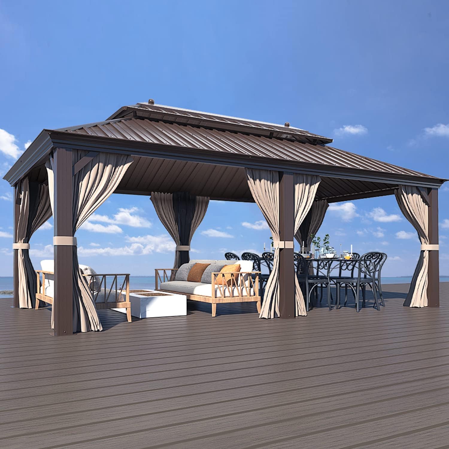 EROMMY Hardtop Gazebo Galvanized Steel Outdoor Gazebo Canopy Double Vented Roof Pergolas Aluminum Frame with Netting and Curtains for Garden,Patio,Lawns,Parties (10'x 13')